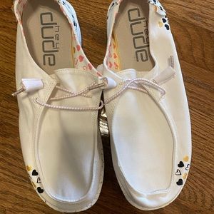 Hey Dudes white with Black Hearts on heel- Size 9